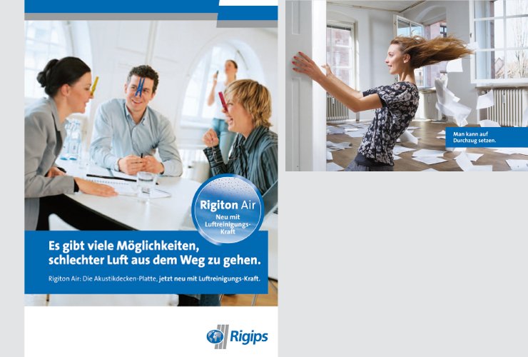 Broschüre mit Mailingcharakter zur Vorstellung einer neuen Rigips-Platte mit luftreinigenden Eigenschaften.